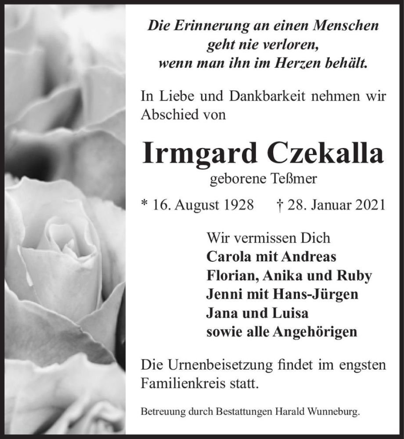  Traueranzeige für Irmgard Czekalla (geb. Teßmer)  vom 06.02.2021 aus Magdeburger Volksstimme