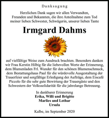 Traueranzeige von Irmgard Dahms  von Magdeburger Volksstimme