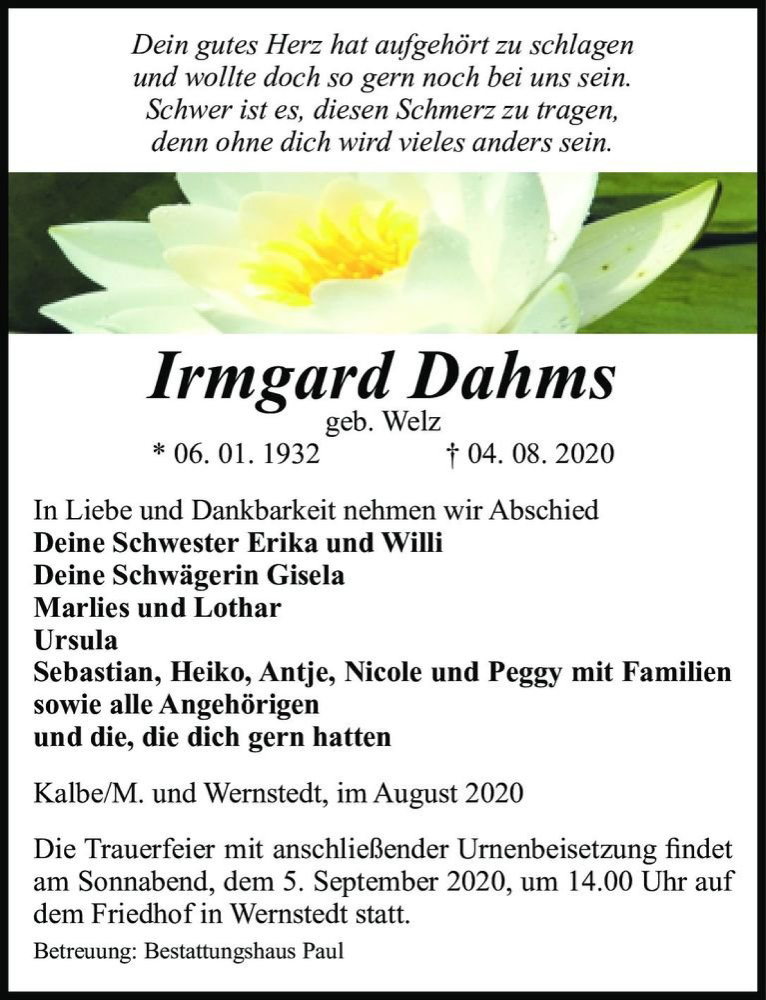  Traueranzeige für Irmgard Dahms (geb. Welz)  vom 07.08.2020 aus Magdeburger Volksstimme