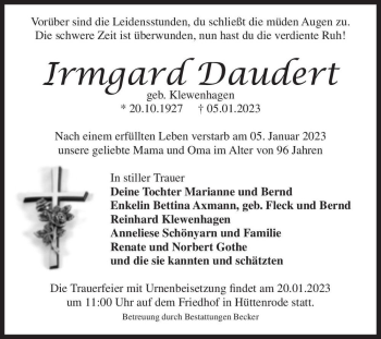 Traueranzeige von Irmgard Daudert (geb. Klewenhagen)  von Magdeburger Volksstimme