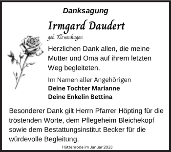 Traueranzeige von Irmgard Daudert (geb. Klewenhagen)  von Magdeburger Volksstimme
