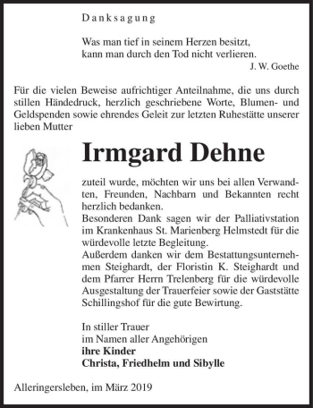 Traueranzeige von Irmgard Dehne  von Magdeburger Volksstimme