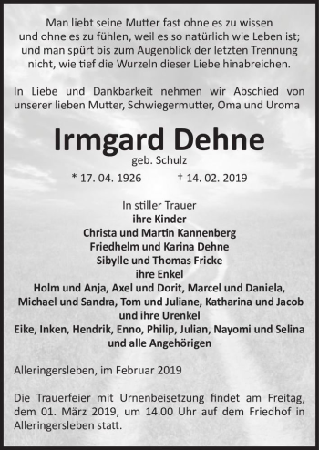 Traueranzeige von Irmgard Dehne (geb. Schulz)  von Magdeburger Volksstimme