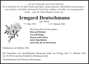 Traueranzeige von Irmgard Deutschmann (geb. Meyer)  von Magdeburger Volksstimme
