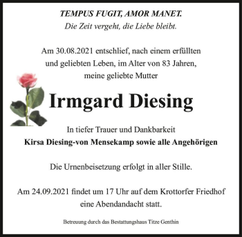Traueranzeige von Irmgard Diesing  von Magdeburger Volksstimme