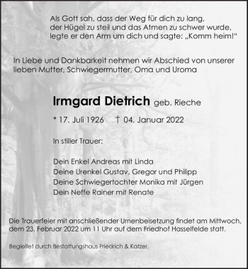 Traueranzeige von Irmgard Dietrich (geb. Rieche)  von Magdeburger Volksstimme