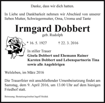 Traueranzeige von Irmgard Dobbert (geb. Rudolph)  von Magdeburger Volksstimme