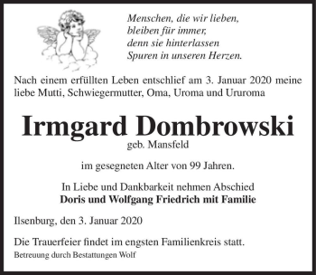 Traueranzeige von Irmgard Dombrowski (geb. Mansfeld)  von Magdeburger Volksstimme