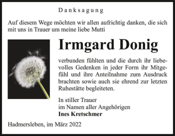 Traueranzeige von Irmgard Donig  von Magdeburger Volksstimme