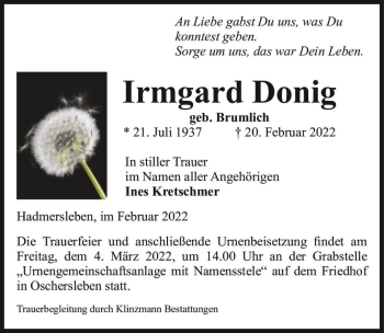 Traueranzeige von Irmgard Donig (geb. Brumlich)  von Magdeburger Volksstimme