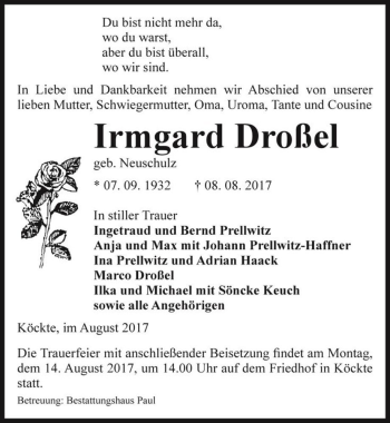 Traueranzeige von Irmgard Droßel (geb. Neuschulz)  von Magdeburger Volksstimme