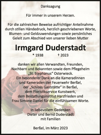 Traueranzeige von Irmgard Duderstadt  von Magdeburger Volksstimme