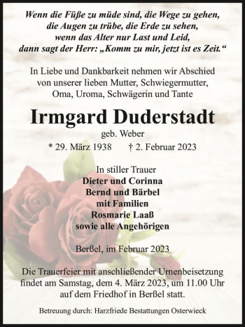 Traueranzeige von Irmgard Duderstadt (geb. Weber)  von Magdeburger Volksstimme