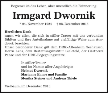 Traueranzeige von Irmgard Dwornik  von Magdeburger Volksstimme
