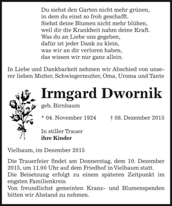 Traueranzeige von Irmgard Dwornik (geb. Birnbaum)  von Magdeburger Volksstimme