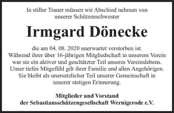Traueranzeige von Irmgard Dönecke  von Magdeburger Volksstimme