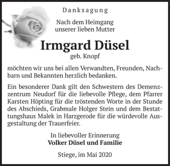 Traueranzeige von Irmgard Düsel (geb. Knopf)  von Magdeburger Volksstimme
