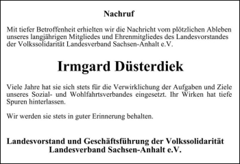 Traueranzeige von Irmgard Düsterdiek  von Magdeburger Volksstimme