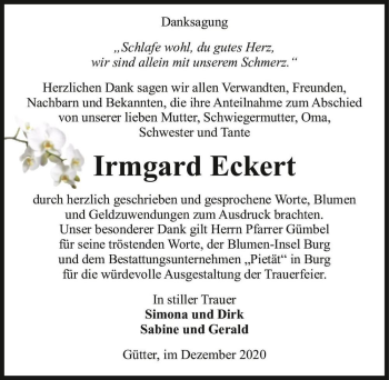 Traueranzeige von Irmgard Eckert  von Magdeburger Volksstimme
