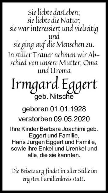 Traueranzeige von Irmgard Eggert (geb. Nitsche)  von Magdeburger Volksstimme