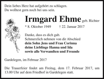 Traueranzeige von Irmgard Ehme (geb. Richter)  von Magdeburger Volksstimme
