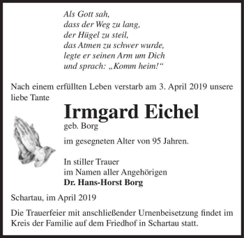 Traueranzeige von Irmgard Eichel (geb. Borg)  von Magdeburger Volksstimme