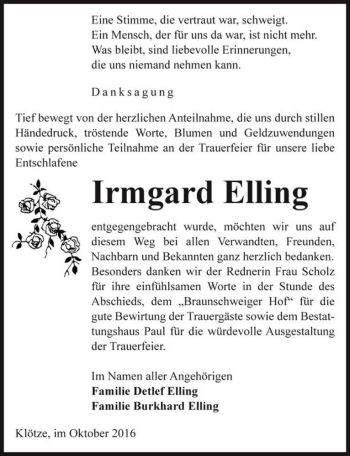 Traueranzeige von Irmgard Elling  von Magdeburger Volksstimme