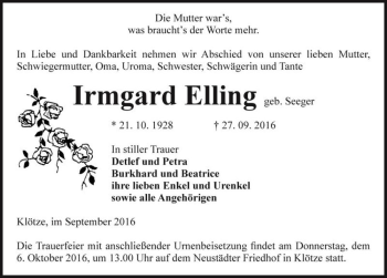 Traueranzeige von Irmgard Elling (geb. Seeger)  von Magdeburger Volksstimme
