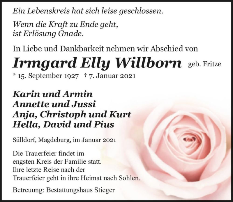  Traueranzeige für Irmgard Elly Willborn (geb. Fritze)  vom 16.01.2021 aus Magdeburger Volksstimme