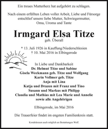Traueranzeige von Irmgard Elsa Titze (geb. Überall)  von Magdeburger Volksstimme