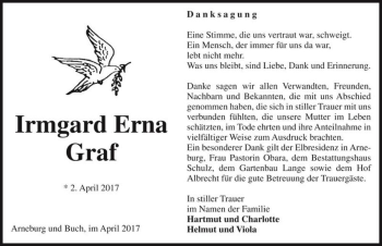 Traueranzeige von Irmgard Erna Graf  von Magdeburger Volksstimme