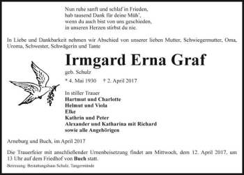 Traueranzeige von Irmgard Erna Graf (geb. Schulz)  von Magdeburger Volksstimme