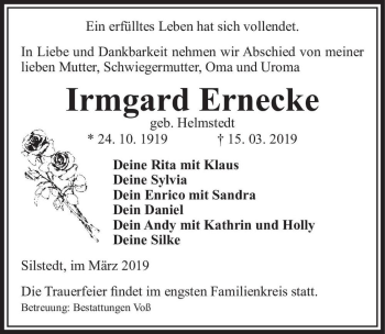 Traueranzeige von Irmgard Ernecke (geb. Helmstedt)  von Magdeburger Volksstimme