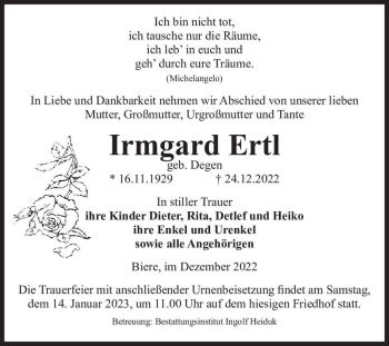 Traueranzeige von Irmgard Ertl (geb. Degen)  von Magdeburger Volksstimme