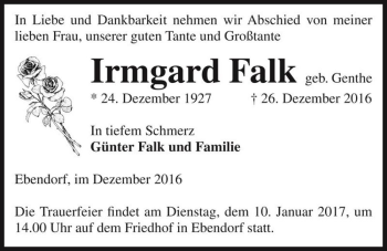 Traueranzeige von Irmgard Falk (geb. Genthe)  von Magdeburger Volksstimme