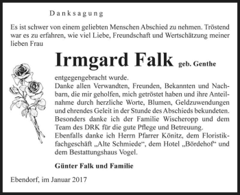 Traueranzeige von Irmgard Falk (geb. Genthe)  von Magdeburger Volksstimme