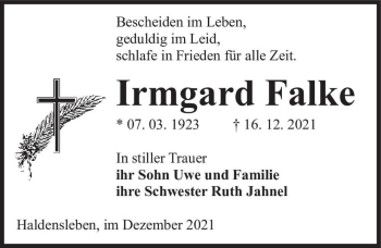 Traueranzeige von Irmgard Falke  von Magdeburger Volksstimme