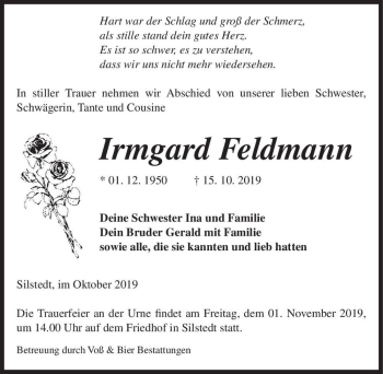 Traueranzeige von Irmgard Feldmann  von Magdeburger Volksstimme