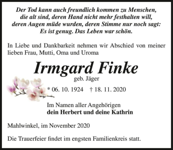 Traueranzeige von Irmgard Finke (geb. Jäger)  von Magdeburger Volksstimme
