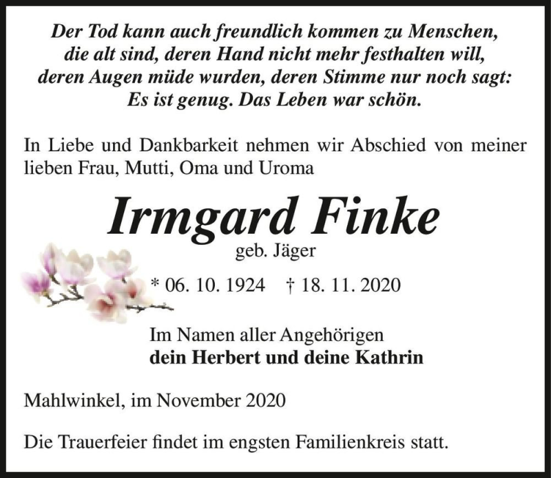  Traueranzeige für Irmgard Finke (geb. Jäger)  vom 21.11.2020 aus Magdeburger Volksstimme