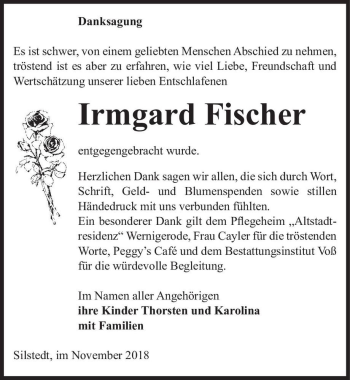 Traueranzeige von Irmgard Fischer  von Magdeburger Volksstimme