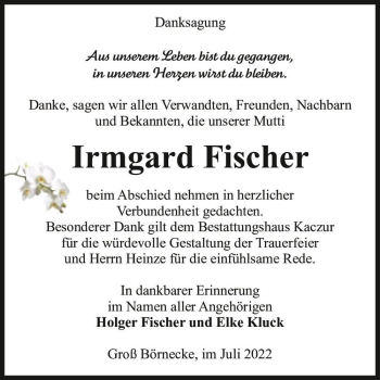 Traueranzeige von Irmgard Fischer  von Magdeburger Volksstimme
