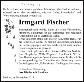Traueranzeige von Irmgard Fischer  von Magdeburger Volksstimme