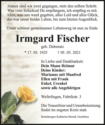Traueranzeige von Irmgard Fischer (geb. Duberatz)  von Magdeburger Volksstimme