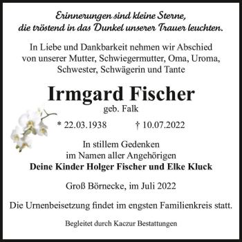 Traueranzeige von Irmgard Fischer (geb. Falk)  von Magdeburger Volksstimme