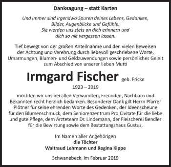 Traueranzeige von Irmgard Fischer (geb. Fricke)  von Magdeburger Volksstimme