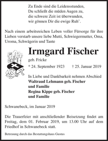 Traueranzeige von Irmgard Fischer (geb. Fricke)  von Magdeburger Volksstimme
