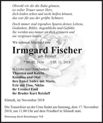 Traueranzeige von Irmgard Fischer (geb. Retzlaff)  von Magdeburger Volksstimme