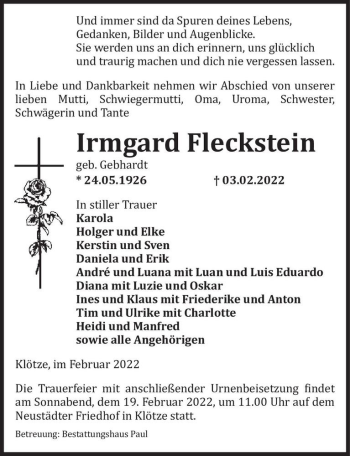 Traueranzeige von Irmgard Fleckstein (geb. Gebhardt)  von Magdeburger Volksstimme