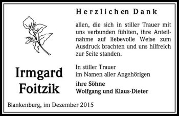 Traueranzeige von Irmgard Foitzik  von Magdeburger Volksstimme